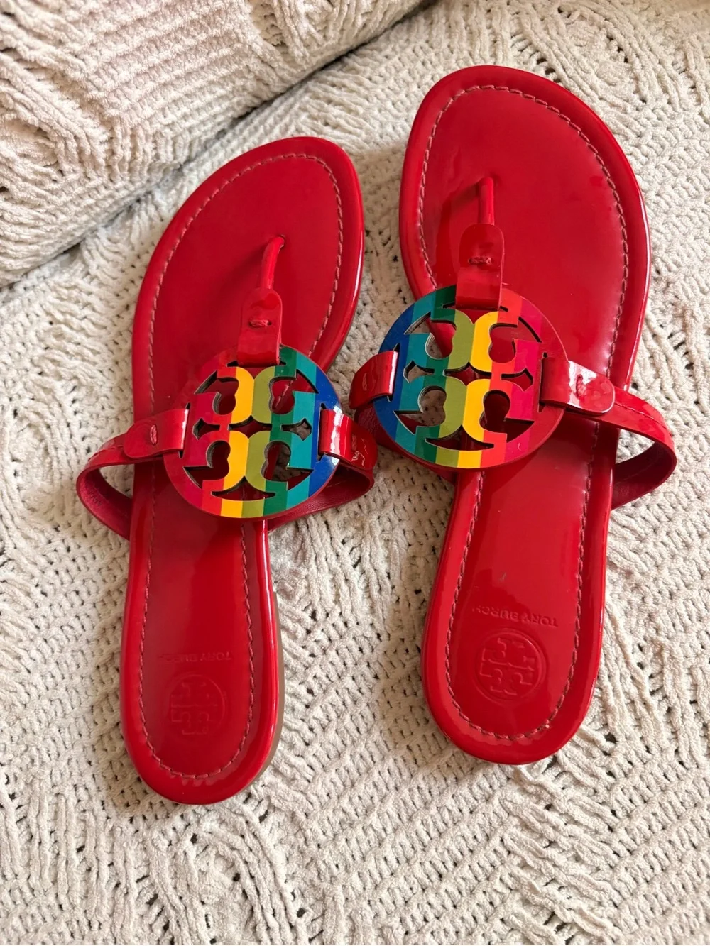 Tory Burch Red Patent Leather Sandals with Rainbow Logo Medallion